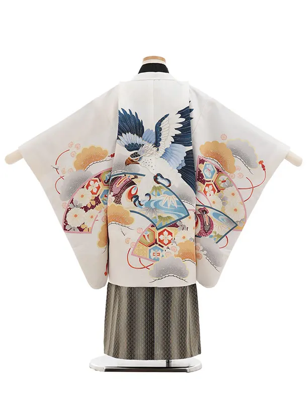 かんたん七五三(5歳男袴)X866 白地扇絵に鷹×グレージュ縞