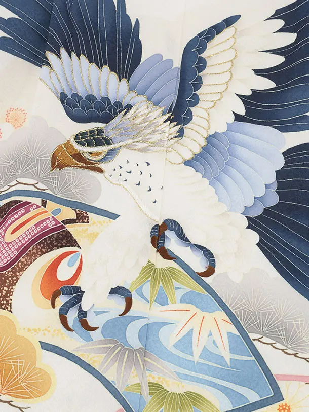 かんたん七五三(5歳男袴)X866 白地扇絵に鷹×グレージュ縞