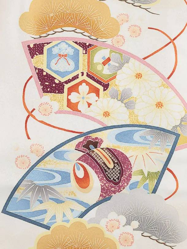 かんたん七五三(5歳男袴)X866 白地扇絵に鷹×グレージュ縞