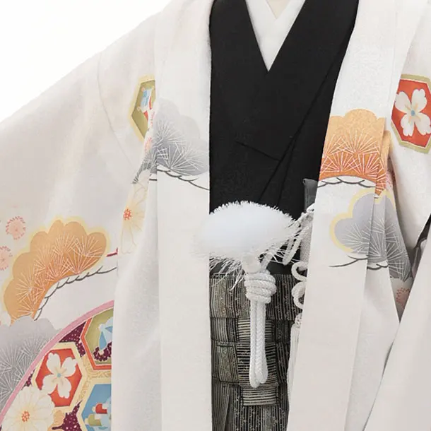 かんたん七五三(5歳男袴)X866 白地扇絵に鷹×グレージュ縞