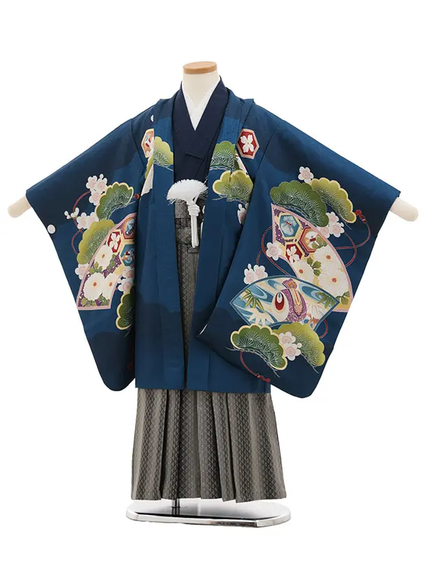 かんたん七五三(5歳男袴)X867 ブルー扇絵に鷹×グレー縞