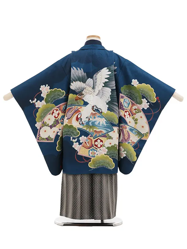 かんたん七五三(5歳男袴)X867 ブルー扇絵に鷹×グレー縞