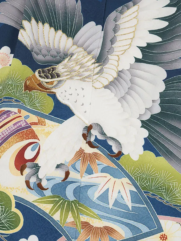 かんたん七五三(5歳男袴)X867 ブルー扇絵に鷹×グレー縞