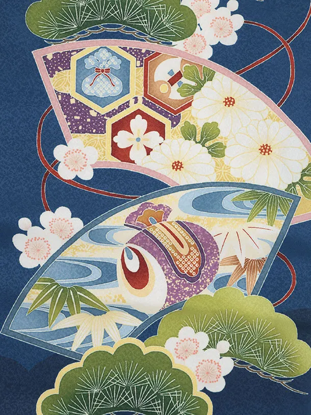 かんたん七五三(5歳男袴)X867 ブルー扇絵に鷹×グレー縞