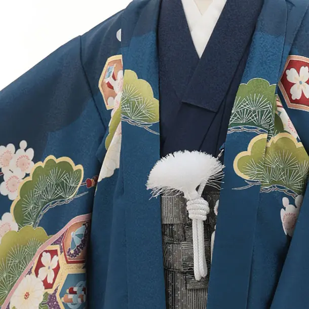 かんたん七五三(5歳男袴)X867 ブルー扇絵に鷹×グレー縞