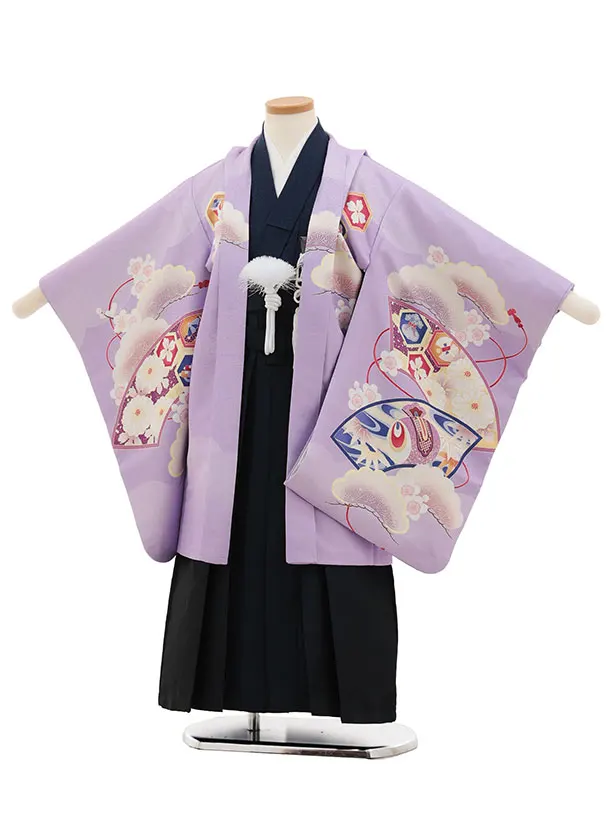 かんたん七五三(5歳男袴)X868  パープル扇絵に鷹×紺