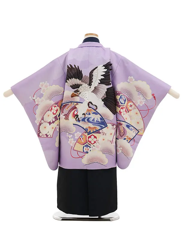 かんたん七五三(5歳男袴)X868  パープル扇絵に鷹×紺