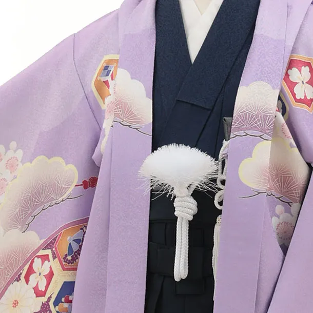 かんたん七五三(5歳男袴)X868  パープル扇絵に鷹×紺