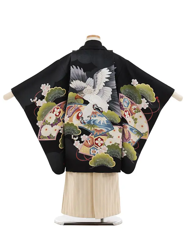 かんたん七五三(5歳男袴)X869  黒地扇絵に鷹×ベージュ