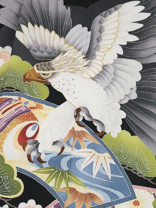 かんたん七五三(5歳男袴)X869  黒地扇絵に鷹×ベージュ