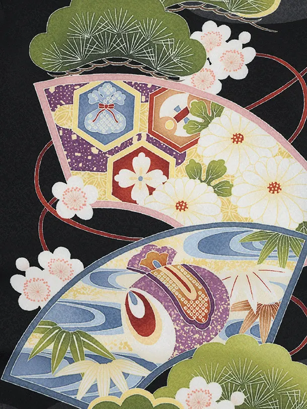 かんたん七五三(5歳男袴)X869  黒地扇絵に鷹×ベージュ