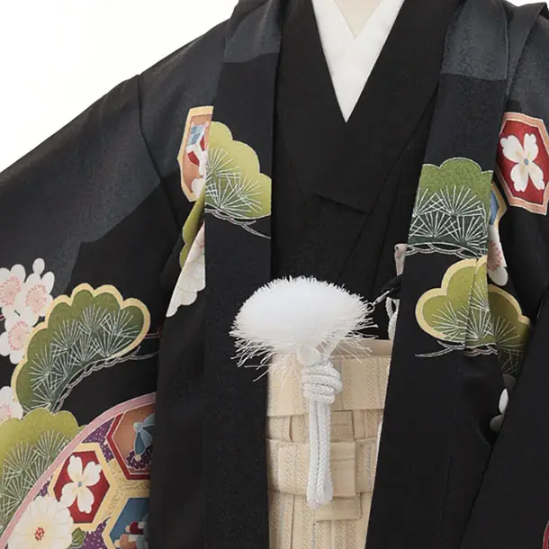 かんたん七五三(5歳男袴)X869  黒地扇絵に鷹×ベージュ
