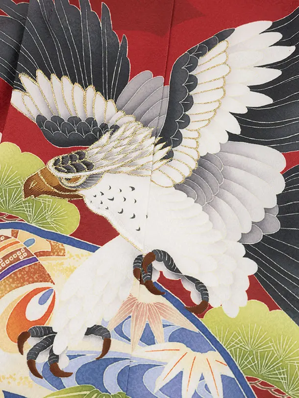 かんたん七五三(5歳男袴)X870  赤地扇絵に鷹×黒亀甲