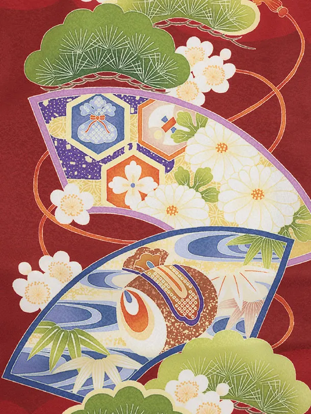 かんたん七五三(5歳男袴)X870  赤地扇絵に鷹×黒亀甲