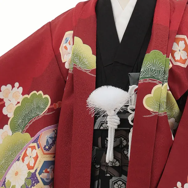かんたん七五三(5歳男袴)X870  赤地扇絵に鷹×黒亀甲