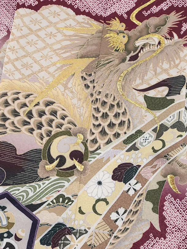 かんたん七五三(5歳男袴)X871 ボルドー疋田柄熨斗兜龍×ラベンダー