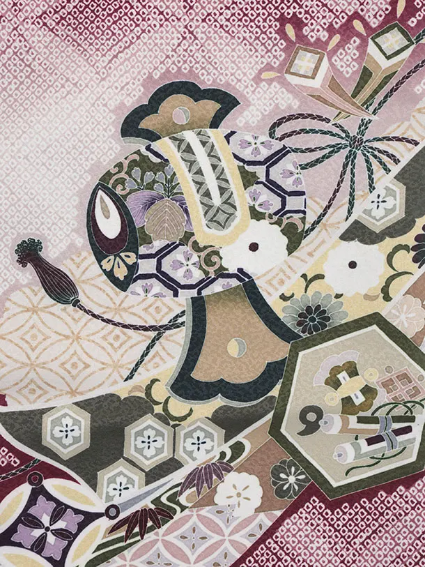 かんたん七五三(5歳男袴)X871 ボルドー疋田柄熨斗兜龍×ラベンダー