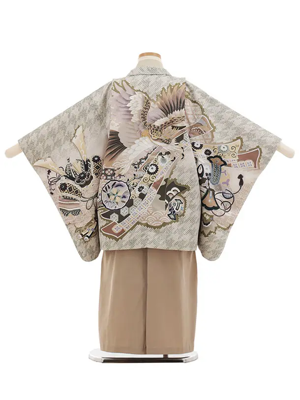 かんたん七五三(5歳男袴)X872 抹茶色疋田柄熨斗兜鷹×ベージュ