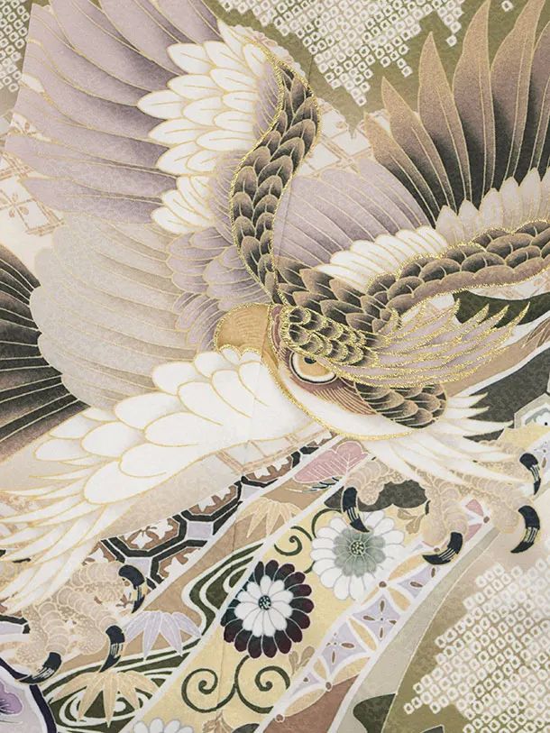 かんたん七五三(5歳男袴)X872 抹茶色疋田柄熨斗兜鷹×ベージュ