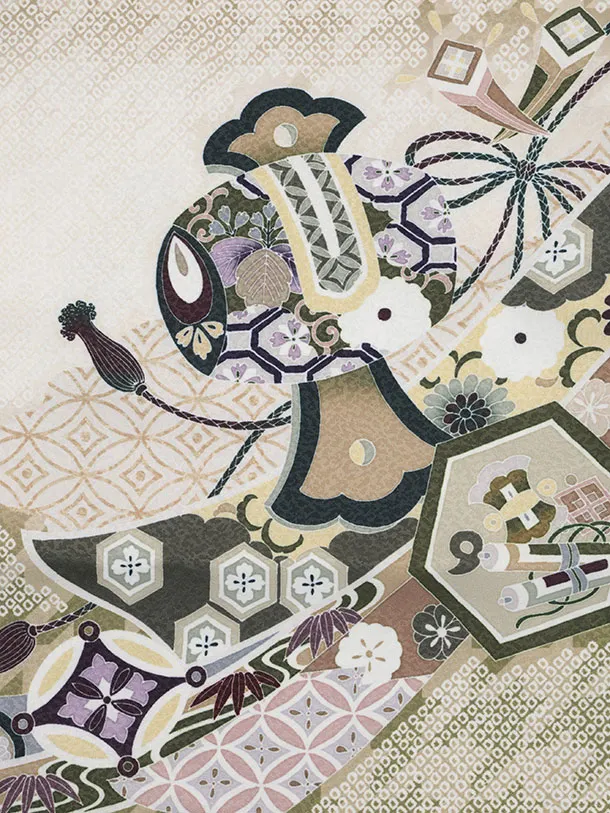 かんたん七五三(5歳男袴)X872 抹茶色疋田柄熨斗兜鷹×ベージュ