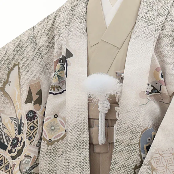 かんたん七五三(5歳男袴)X872 抹茶色疋田柄熨斗兜鷹×ベージュ