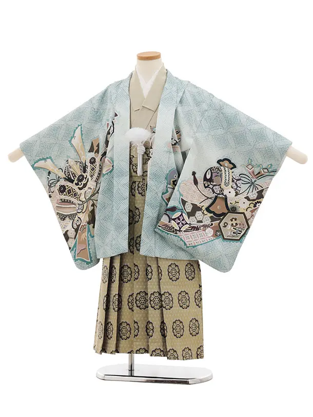 かんたん七五三(5歳男袴)X873 ペールミント疋田柄熨斗兜龍×抹茶緑