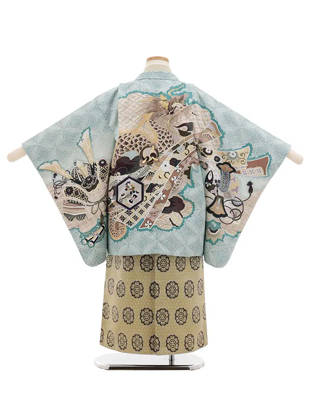 かんたん七五三(5歳男袴)X873 ペールミント疋田柄熨斗兜龍×抹茶緑