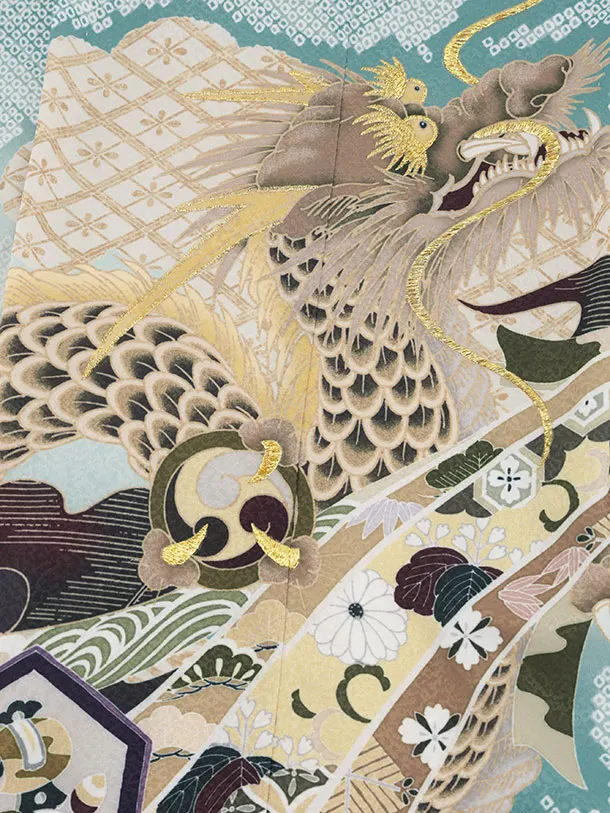 かんたん七五三(5歳男袴)X873 ペールミント疋田柄熨斗兜龍×抹茶緑