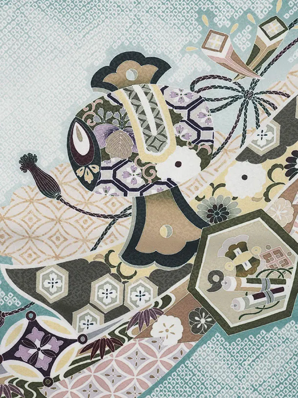 かんたん七五三(5歳男袴)X873 ペールミント疋田柄熨斗兜龍×抹茶緑