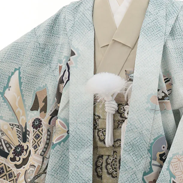 かんたん七五三(5歳男袴)X873 ペールミント疋田柄熨斗兜龍×抹茶緑