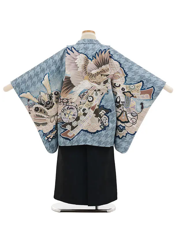 かんたん七五三(5歳男袴)X874 ブルー疋田柄熨斗兜鷹×紺