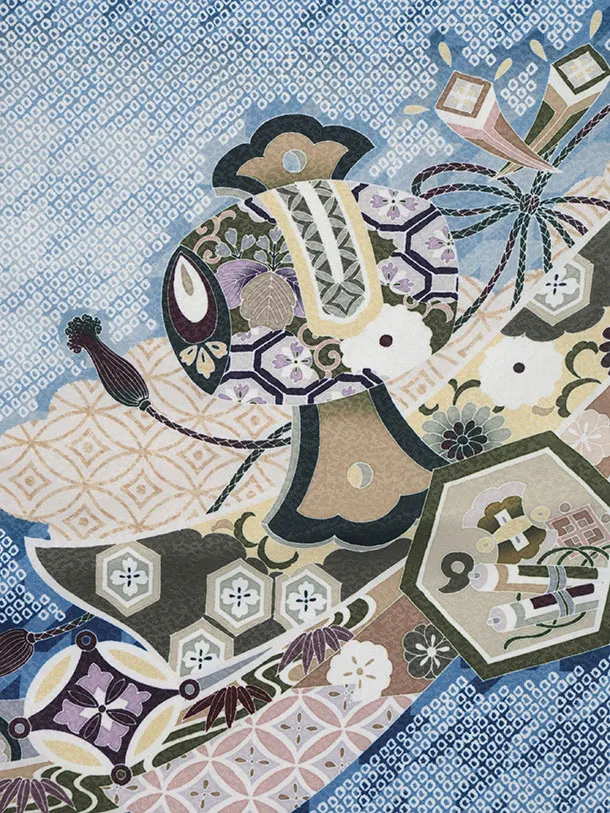 かんたん七五三(5歳男袴)X874 ブルー疋田柄熨斗兜鷹×紺