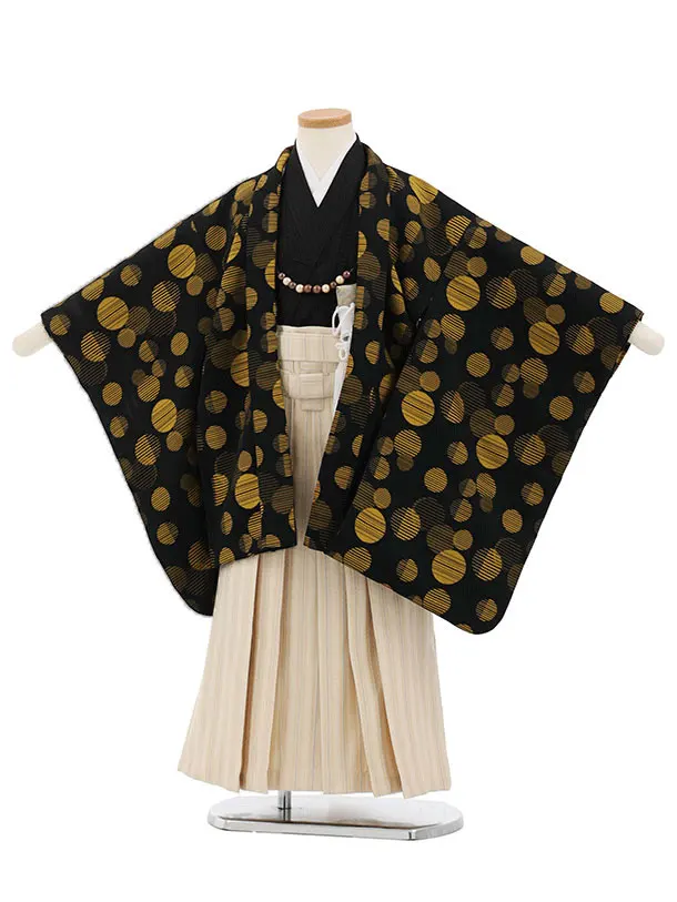 かんたん七五三(5歳男袴)X877 黒地からしドット×クリームベージュ