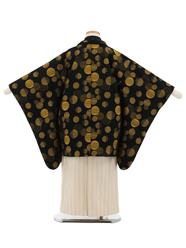 かんたん七五三(5歳男袴)X877 黒地からしドット×クリームベージュ