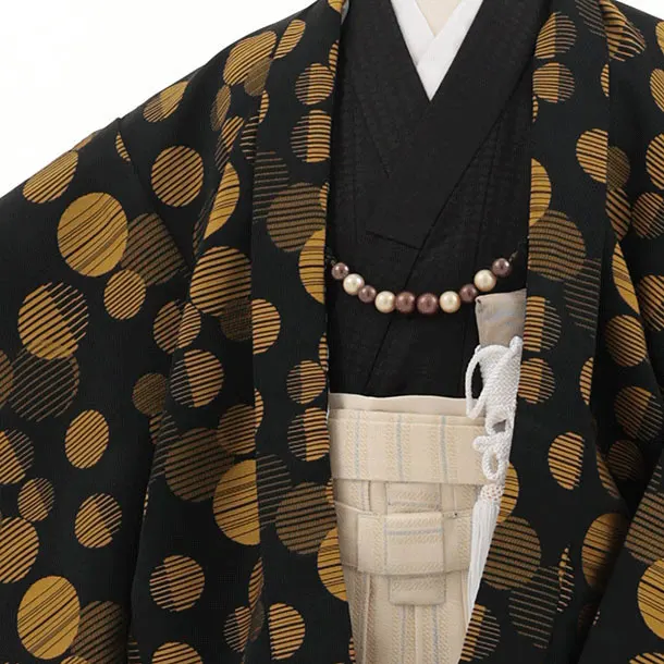 かんたん七五三(5歳男袴)X877 黒地からしドット×クリームベージュ