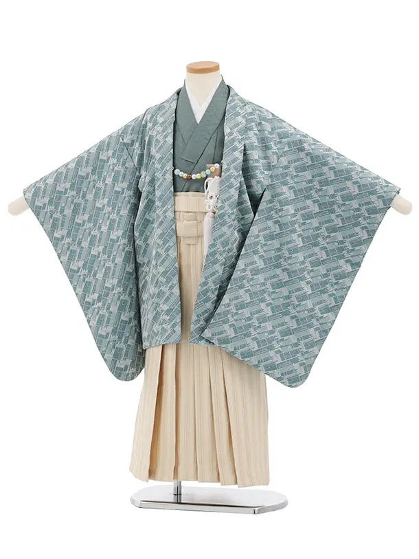 かんたん七五三(5歳男袴)X878 ブルーグレー変わり柄×クリームベージュ