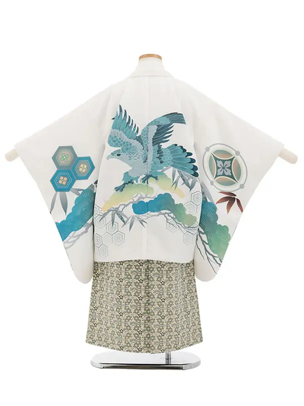 かんたん七五三(5歳男袴)X879 白地松亀甲鷹×クリームベージュ