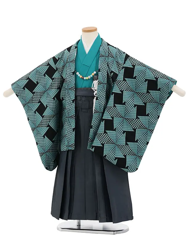 かんたん七五三(5歳男袴)X880 ブルーグリーン幾何学×ネイビーグレー