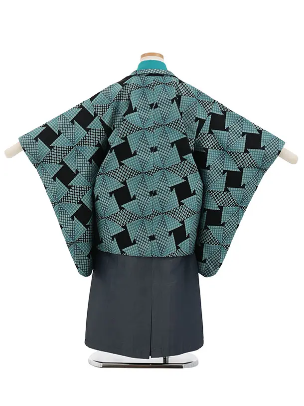 かんたん七五三(5歳男袴)X880 ブルーグリーン幾何学×ネイビーグレー