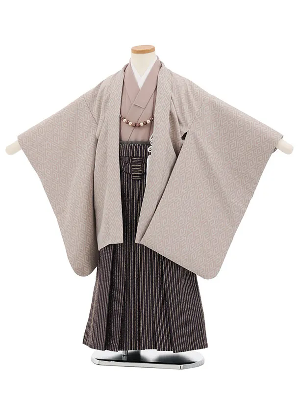 かんたん七五三(5歳男袴)X881 ピンクベージュ代わり柄×紫茶ストライプ