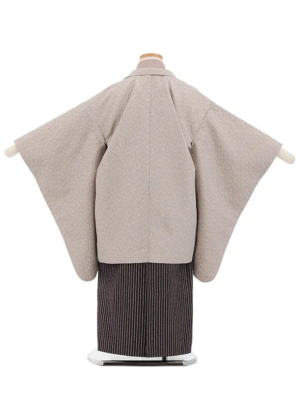 かんたん七五三(5歳男袴)X881 ピンクベージュ変わり柄×紫茶ストライプ