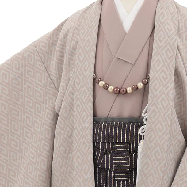 かんたん七五三(5歳男袴)X881 ピンクベージュ変わり柄×紫茶ストライプ