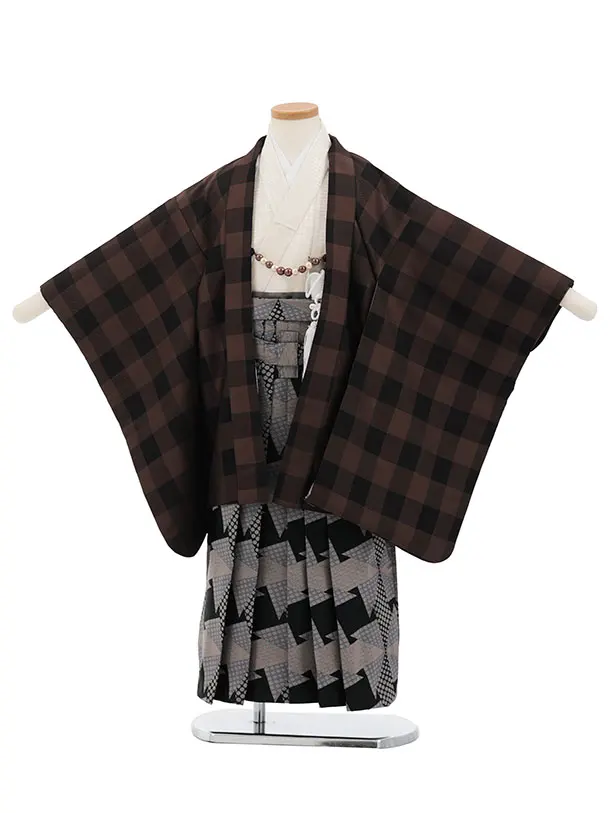 かんたん七五三(5歳男袴)X882 ブラウンチェック×黒グレー