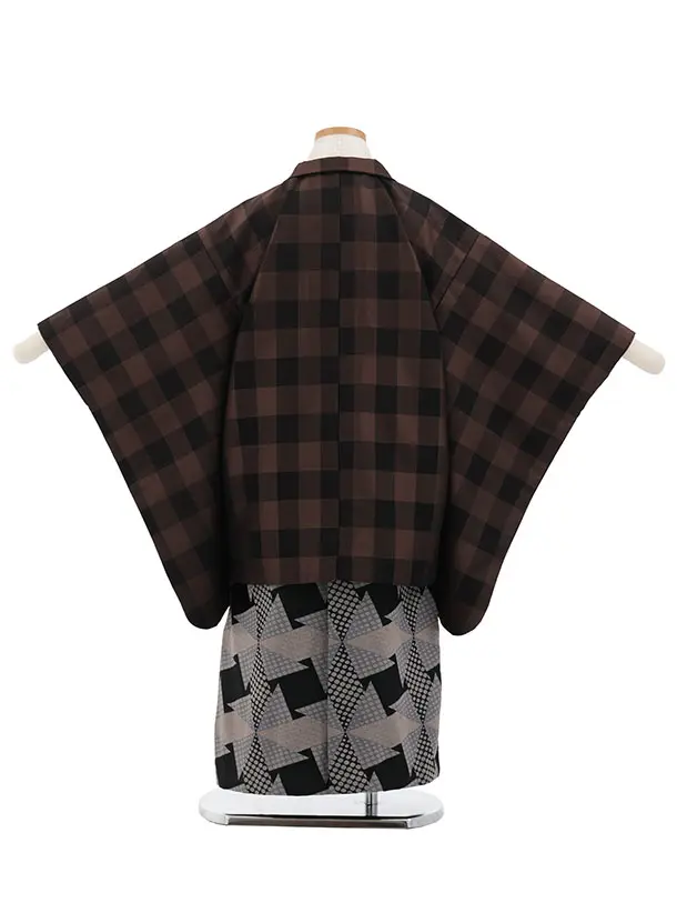 かんたん七五三(5歳男袴)X882 ブラウンチェック×黒グレー