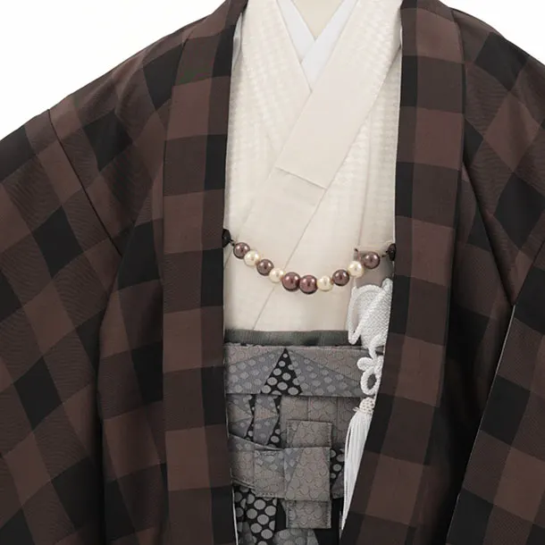 かんたん七五三(5歳男袴)X882 ブラウンチェック×黒グレー