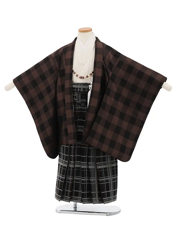 かんたん七五三(5歳男袴)X883 ブラウンチェック×黒グレーチェック