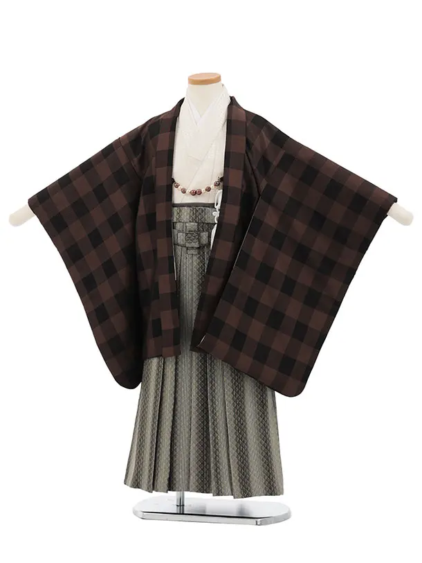 かんたん七五三(5歳男袴)X884 ブラウンチェック×黒グレージュ