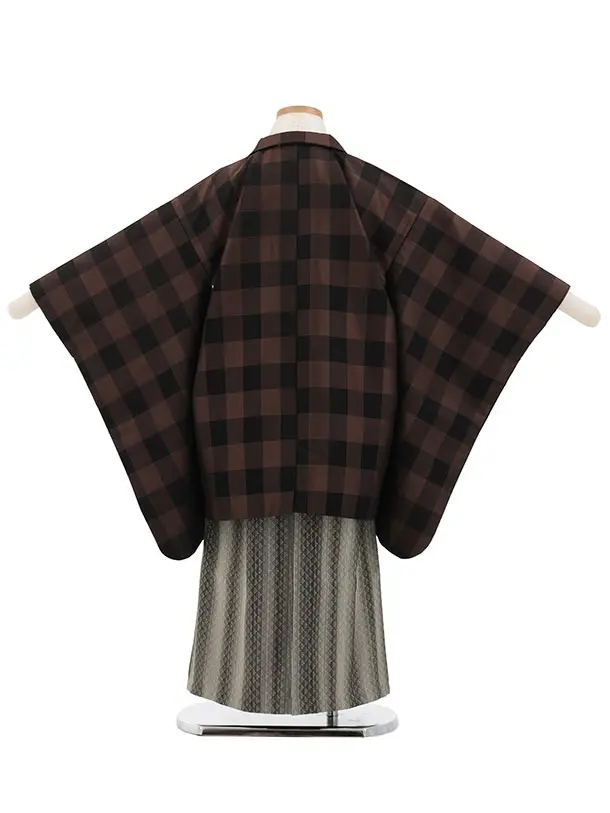 かんたん七五三(5歳男袴)X884 ブラウンチェック×黒グレージュ