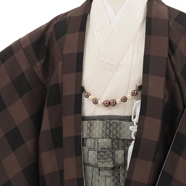 かんたん七五三(5歳男袴)X884 ブラウンチェック×黒グレージュ