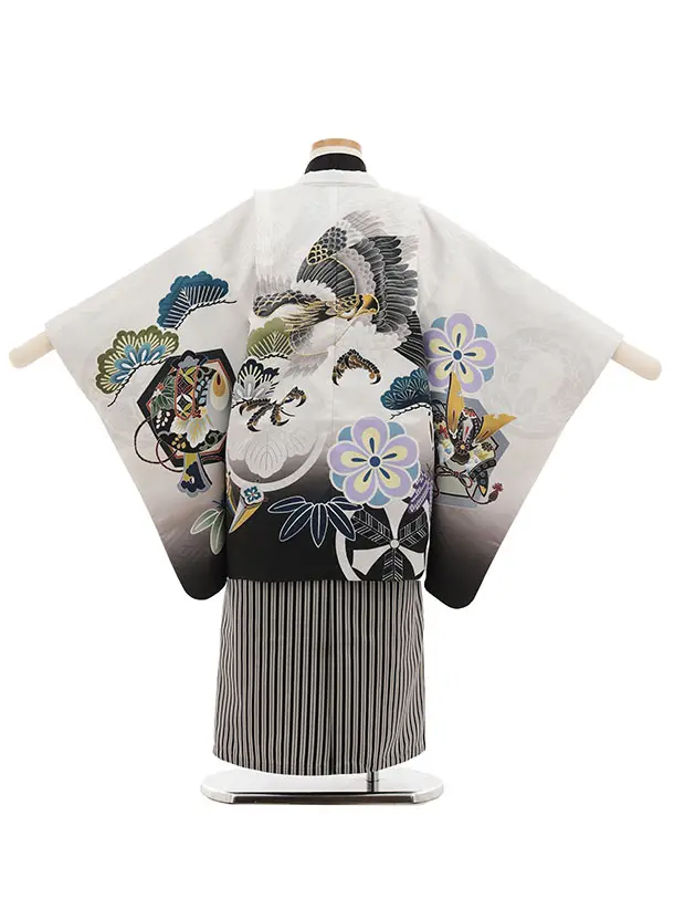 かんたん七五三(5歳男袴)X885 白地裾黒吉祥文様鷹×黒縞袴